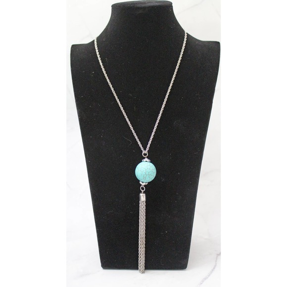 Vintage Silver and Turquoise Necklace with 5 Inch Drop  N74 - Picture 3 of 3